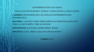 UNIVERSIDAD DE GUAYAQUIL
FACULTAD DE FILOSOFÍA, LETRAS Y CIENCIAS DE LA EDUCACIÓN
CARRERA: PEDAGOGÍA DE LAS CIENCIAS EXPERIMENTALES-
INFORMÁTICA
MATERIA: LAS TICS COMO HERRAMIENTAS COMUNICACIONALES
PARA LA INCLUSIÓN Y DISCAPACIDAD
ESTUDIANTE: ALCIVAR CASTRO KERLY NICOL
DOCENTE: LCDA. MEJIA CAGUANA DIGNA ROCIO
CURSO: 2 A 3
 