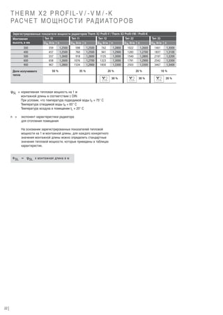 T H E R M X 2 P R O F I L- V / - V M / - K
РА С Ч Е Т М О Щ Н О С Т И РА Д И АТ О Р О В
Зарегистрированные показатели мощности радиаторов Therm X2 Profil-V / Therm X2 Profil-VM / Profil-K
Монтажная
высота, в мм
300
400
500
600
900
Доля излучаемого
тепла

Тип 10

f SL Вт/м

Тип 11

f SL Вт/м

n

359
457
557
658
967

1,2500
1,2500
1,2600
1,2600
1,2800

Тип 12

598
760
918
1076
1534

50 %

Тип 22

f SL Вт/м

n
1,2500
1,2500
1,2600
1,2700
1,2900

742
941
1135
1323
1830

35 %

f SL Вт/м

n
1,2800
1,2900
1,3000
1,3000
1,3300

1022
1283
1540
1791
2503

20 %

f SL = нормативная тепловая мощность на 1 м

монтажной длины в соответствии с DIN
При условии, что температура подводимой воды tV = 75° C
Температура отводимой воды tR = 65° C
Температура воздуха в помещении tL = 20° C

n =

экспонент характеристики радиатора
для отопления помещения
На основании зарегистрированных показателей тепловой
мощности на 1 м монтажной длины, для каждого конкретного
значения монтажной длины можно определить стандартные
значения тепловой мощности, которые приведены в таблицах
характеристик.

F SL =

22

f SL х монтажная длина в м

1,2600
1,2700
1,2800
1,2900
1,3300
20 %

30 %
I N S I D E

Тип 33

f SL Вт/м

n

1461
1837
2197
2542
3467

1,3000
1,3100
1,3200
1,3300
1,3400
10 %

30 %
I N S I D E

n

20 %
I N S I D E

 