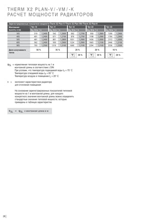 THERM X2 PLAN-V / -VM / -K
РА С Ч Е Т М О Щ Н О С Т И РА Д И АТ О Р О В
Зарегистрированные показатели мощности Therm X2 Plan-V / Therm X2 Plan-VM / Therm X2 Plan-K
Монтажная
высота, в мм
305
405
505
605
905
Доля излучаемого
тепла

Тип 10

f SL Вт/м

Тип 11

f SL Вт/м

n

319
401
481
562
793

1,2400
1,2400
1,2400
1,2400
1,2500

Тип 12

542
671
801
930
1319

50 %

Тип 22

f SL Вт/м

n
1,2600
1,2700
1,2800
1,2900
1,3100

692
876
1051
1224
1690

35 %

f SL Вт/м

n
1,2700
1,2700
1,2900
1,2900
1,3100

950
1198
1436
1665
2294

20 %

f SL = нормативная тепловая мощность на 1 м

монтажной длины в соответствии с DIN
При условии, что температура подводимой воды tV = 75° C
Температура отводимой воды tR = 65° C
Температура воздуха в помещении tL = 20° C

n =

экспонент характеристики радиатора
для отопления помещения
На основании зарегистрированных показателей тепловой
мощности на 1 м монтажной длины, для каждого
конкретного значения монтажной длины можно определить
стандартные значения тепловой мощности, которые
приведены в таблицах характеристик

F SL =

28

f SL х монтажная длина в м

1,2800
1,2900
1,3000
1,3100
1,3100
20 %

30 %
I N S I D E

Тип 33

f SL Вт/м

n

1399
1764
2113
2446
3336

1,2900
1,2900
1,3000
1,3100
1,3300
10 %

30 %
I N S I D E

n

20 %
I N S I D E

 