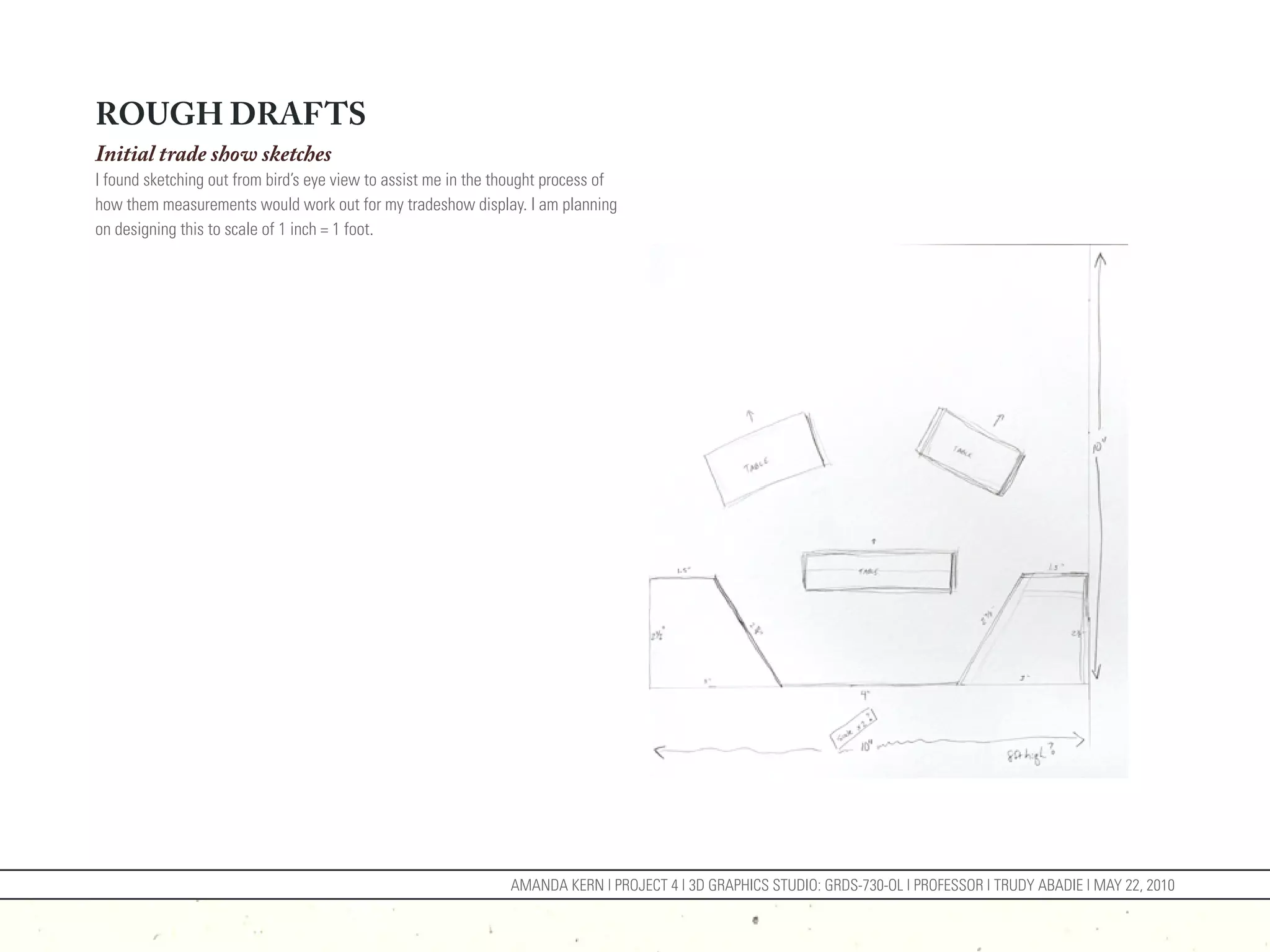 ROUGH DRAFTS
Initial trade show sketches
I found sketching out from bird’s eye view to assist me in the thought process of
how them measurements would work out for my tradeshow display. I am planning
on designing this to scale of 1 inch = 1 foot.




                                                                AMANDA KERN | PROJECT 4 | 3D GRAPHICS STUDIO: GRDS-730-OL | PROFESSOR | TRUDY ABADIE | MAY 22, 2010
 