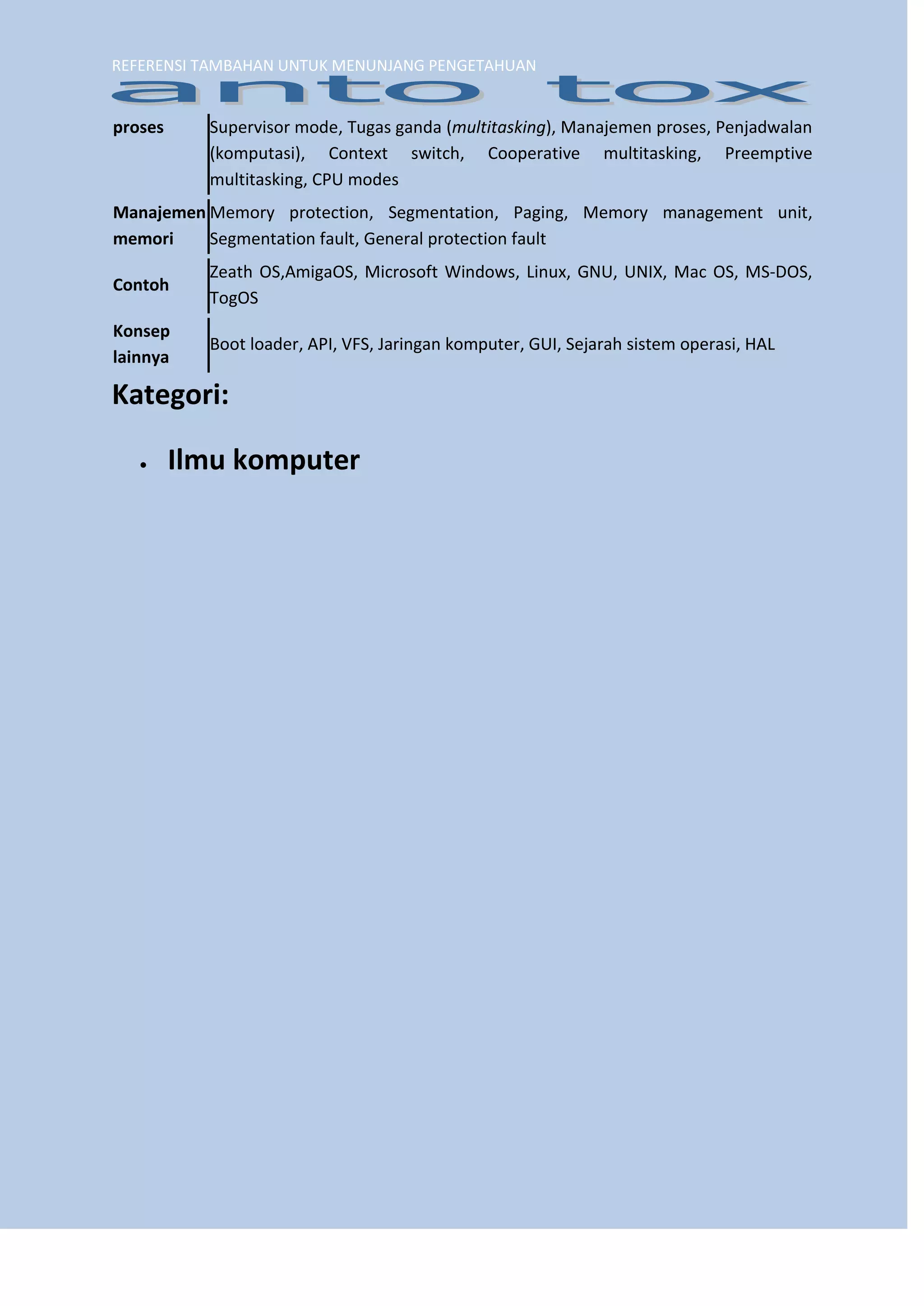 REFERENSI TAMBAHAN UNTUK MENUNJANG PENGETAHUAN 
proses 
Supervisor mode, Tugas ganda (multitasking), Manajemen proses, Penjadwalan (komputasi), Context switch, Cooperative multitasking, Preemptive multitasking, CPU modes 
Manajemen memori 
Memory protection, Segmentation, Paging, Memory management unit, Segmentation fault, General protection fault 
Contoh 
Zeath OS,AmigaOS, Microsoft Windows, Linux, GNU, UNIX, Mac OS, MS-DOS, TogOS 
Konsep lainnya 
Boot loader, API, VFS, Jaringan komputer, GUI, Sejarah sistem operasi, HAL 
Kategori: 
 Ilmu komputer 
