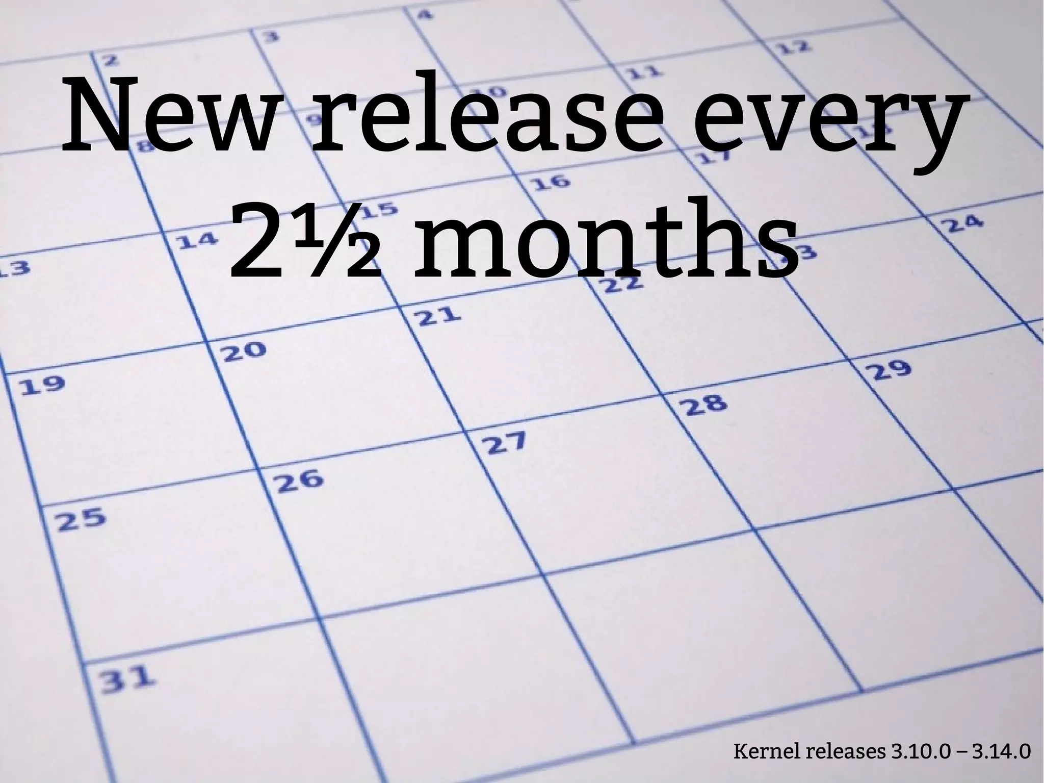 New release every
2½ months
Kernel releases 3.10.0 – 3.14.0
 