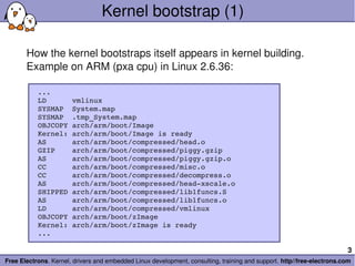 Kernel bootstrap (1)

       How the kernel bootstraps itself appears in kernel building.
       Example on ARM (pxa cpu) in Linux 2.6.36:

          ...
          LD      vmlinux
          SYSMAP  System.map
          SYSMAP  .tmp_System.map
          OBJCOPY arch/arm/boot/Image
          Kernel: arch/arm/boot/Image is ready
          AS      arch/arm/boot/compressed/head.o
          GZIP    arch/arm/boot/compressed/piggy.gzip
          AS      arch/arm/boot/compressed/piggy.gzip.o
          CC      arch/arm/boot/compressed/misc.o
          CC      arch/arm/boot/compressed/decompress.o
          AS      arch/arm/boot/compressed/head­xscale.o
          SHIPPED arch/arm/boot/compressed/lib1funcs.S
          AS      arch/arm/boot/compressed/lib1funcs.o
          LD      arch/arm/boot/compressed/vmlinux
          OBJCOPY arch/arm/boot/zImage
          Kernel: arch/arm/boot/zImage is ready
          ...

                                                                                                                        3
Free Electrons. Kernel, drivers and embedded Linux development, consulting, training and support. http//free­electrons.com
 
