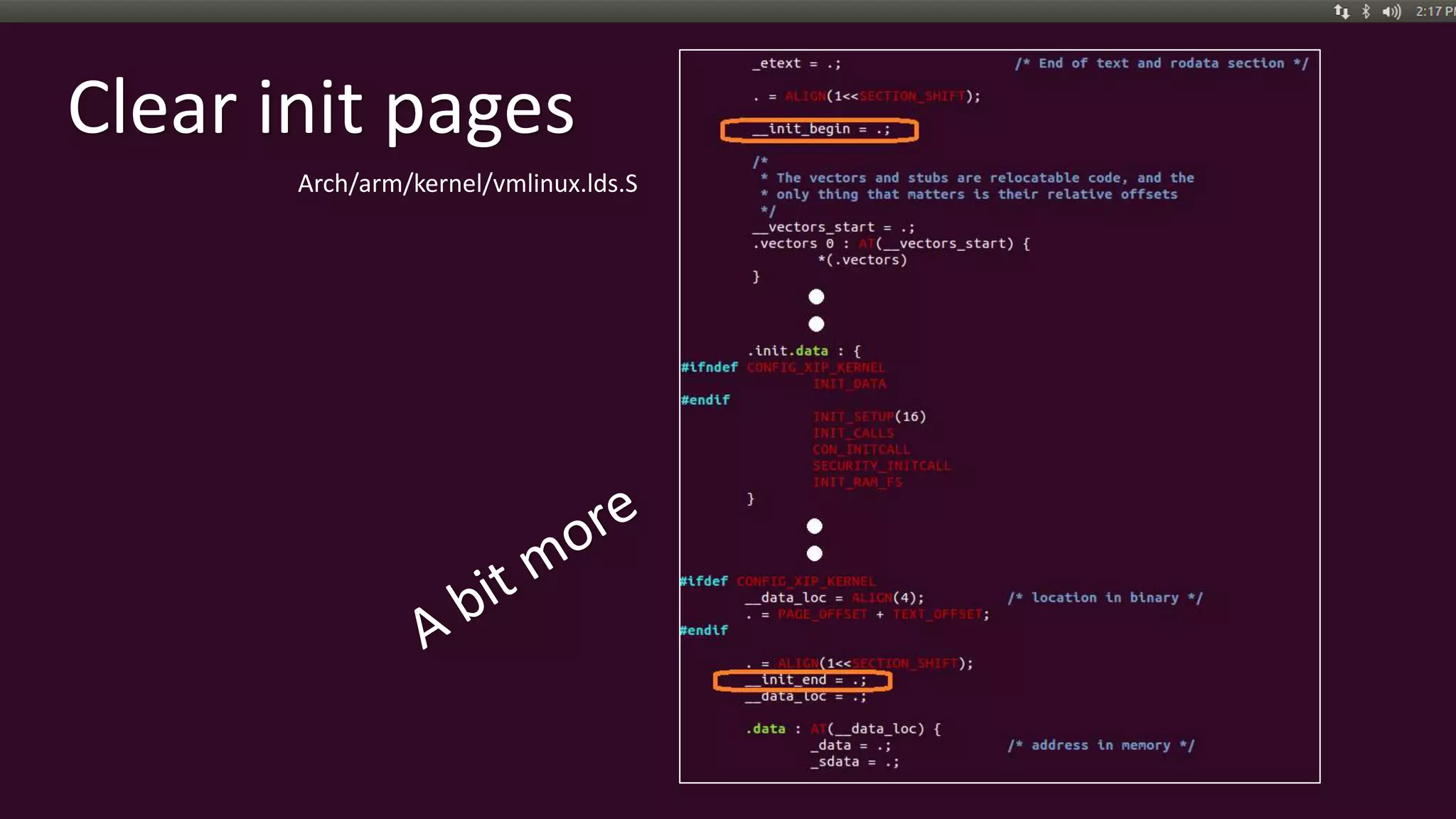 Clear init pages
Arch/arm/kernel/vmlinux.lds.S