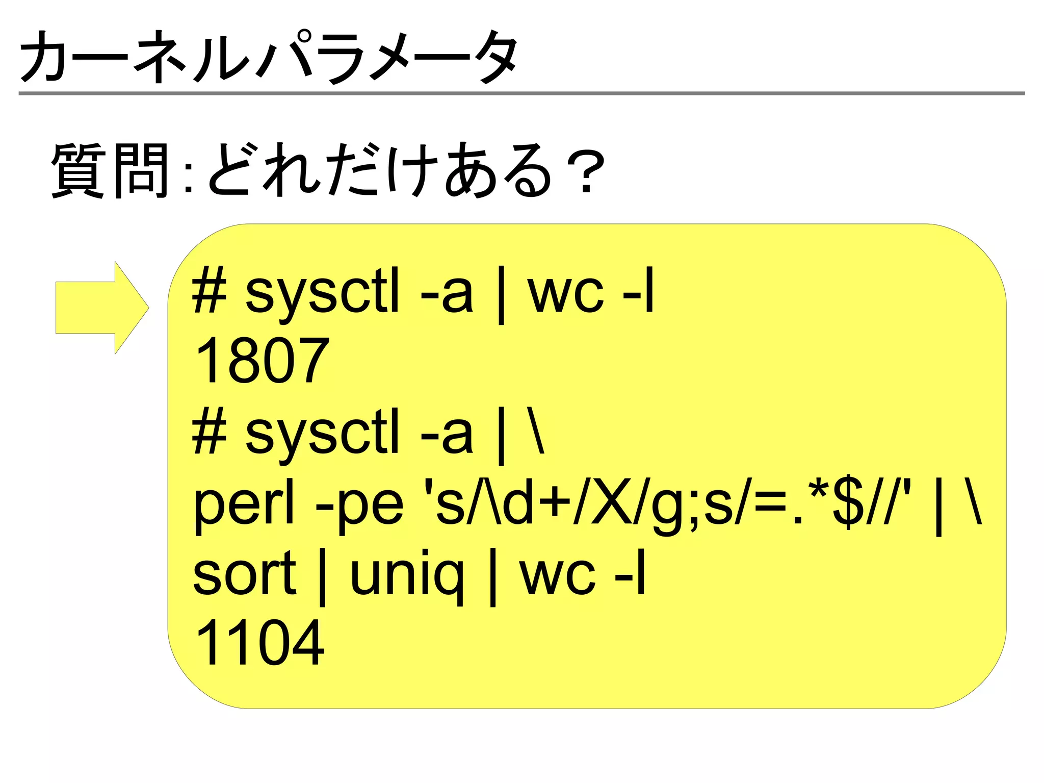 カーネルパラメータ
質問：どれだけある？
   # sysctl -a | wc -l
   1807
   # sysctl -a | 
   perl -pe 's/d+/X/g;s/=.*$//' | 
   sort | uniq | wc -l
   1104
 