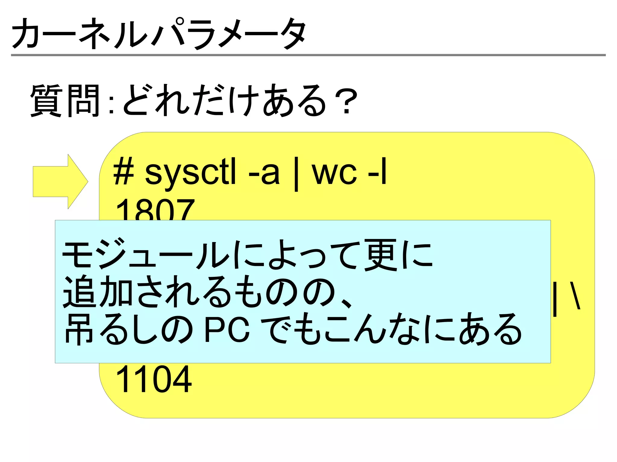 カーネルパラメータ
質問：どれだけある？
   # sysctl -a | wc -l
   1807
   # sysctl -a | 
 モジュールによって更に
 追加されるものの、
   perl -pe 's/d+/X/g;s/=.*$//' | 
 吊るしの PC でもこんなにある
   sort | uniq | wc -l
   1104
 
