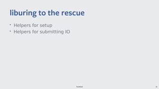Facebook 30
• Helpers for setup
• Helpers for submitting IO
liburing to the rescue
 
