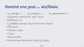Facebook 4
• io_setup(2) → io_submit(2) → io_getevents(2)
• Supports read/write, poll, fsync
• Buffered? lol
• O_DIRECT always asynchronous? Nope
• Efficiency
●
System calls
●
Copy
●
Ring buffer
●
Overall performance lacking today
Rewind one year aio/libaio… aio/libaio
 