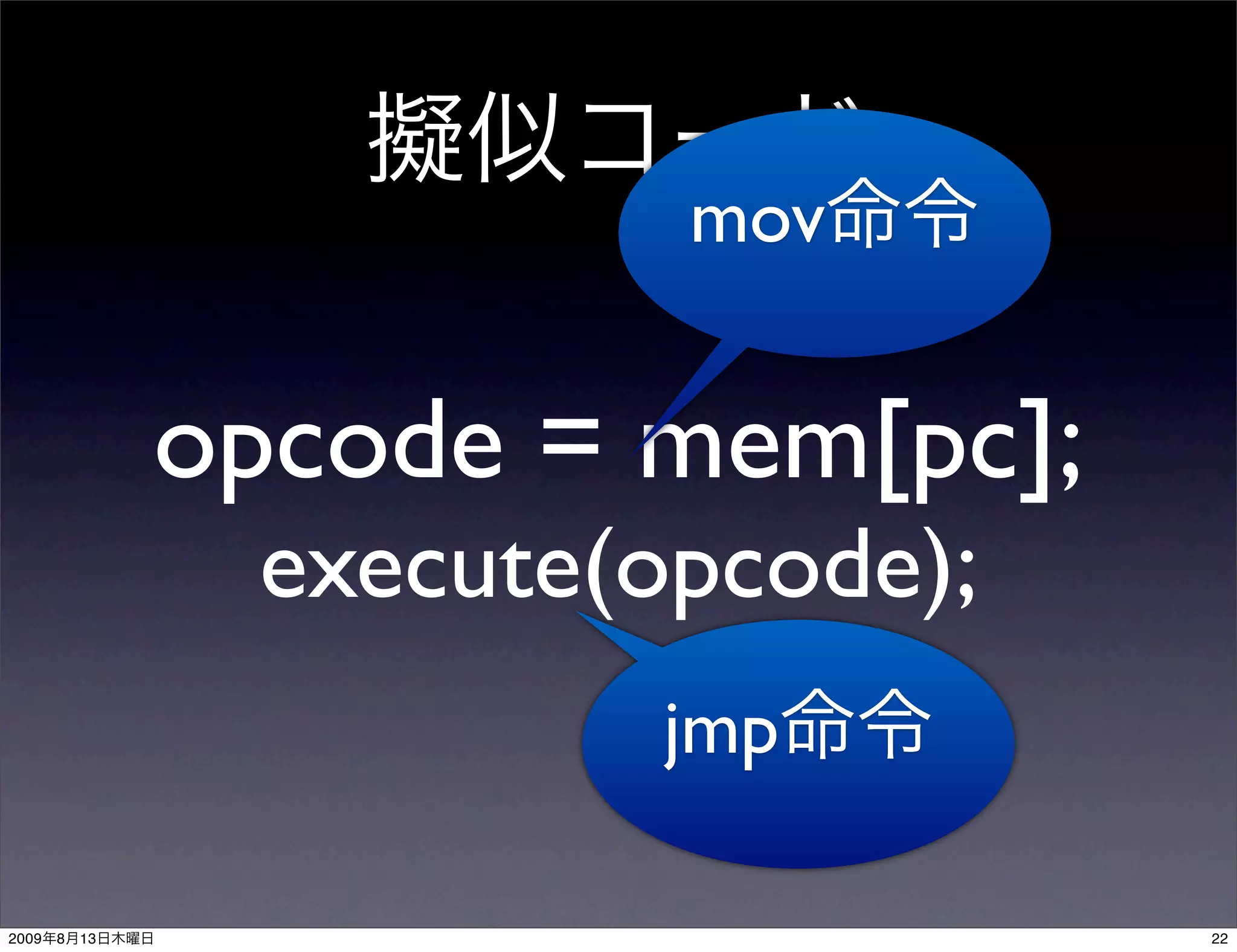 mov


                opcode = mem[pc];
                 execute(opcode);
                          jmp

2009   8   13                       22
 