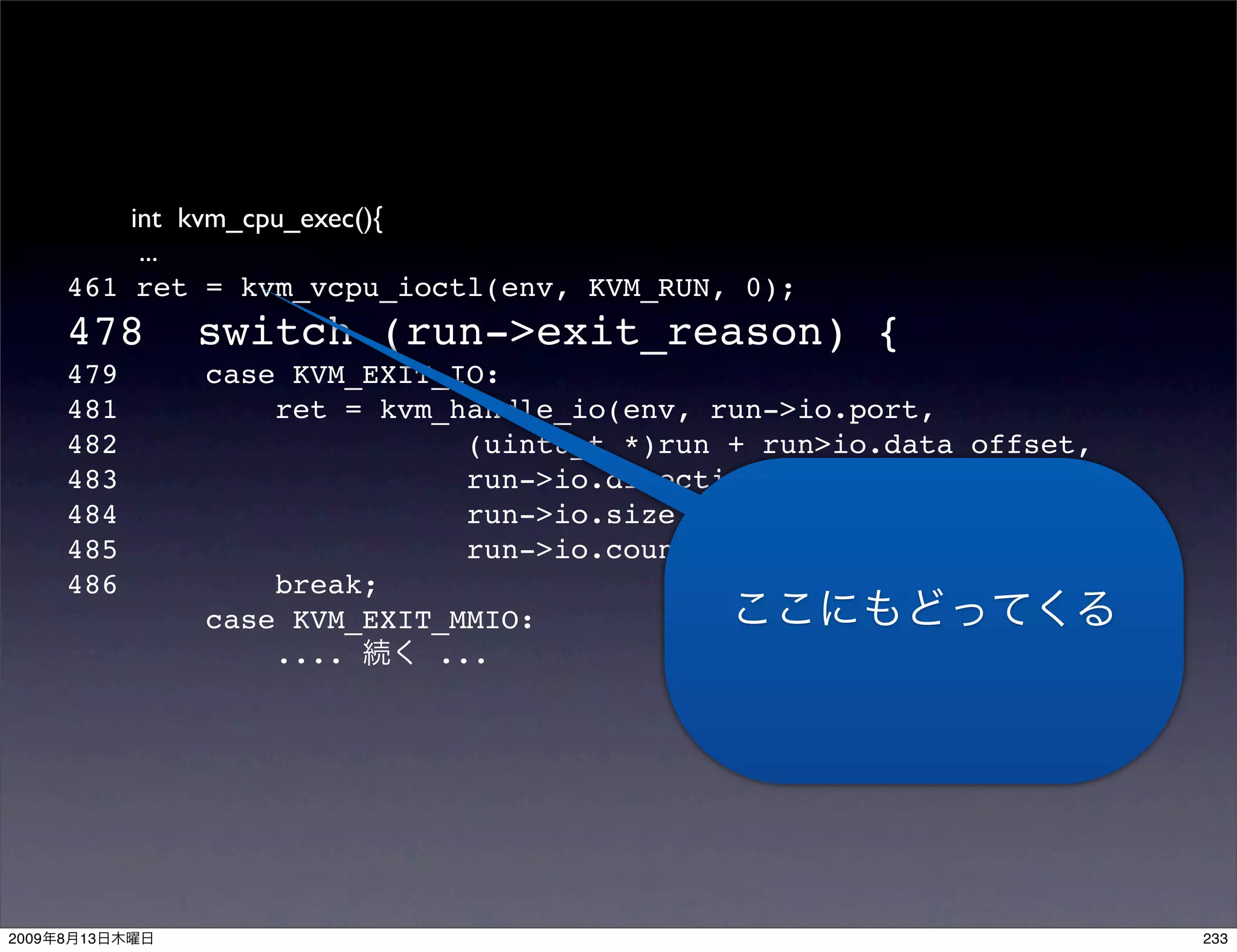 int kvm_cpu_exec(){
                ...
           461 ret = kvm_vcpu_ioctl(env, KVM_RUN, 0);
           478    switch (run->exit_reason) {
           479     case KVM_EXIT_IO:
           481         ret = kvm_handle_io(env, run->io.port,
           482                    (uint8_t *)run + run>io.data_offset,
           483                    run->io.direction,
           484                    run->io.size,
           485                    run->io.count);
           486         break;
                   case KVM_EXIT_MMIO:
                       ....     ...




2009   8   13                                                            233
 