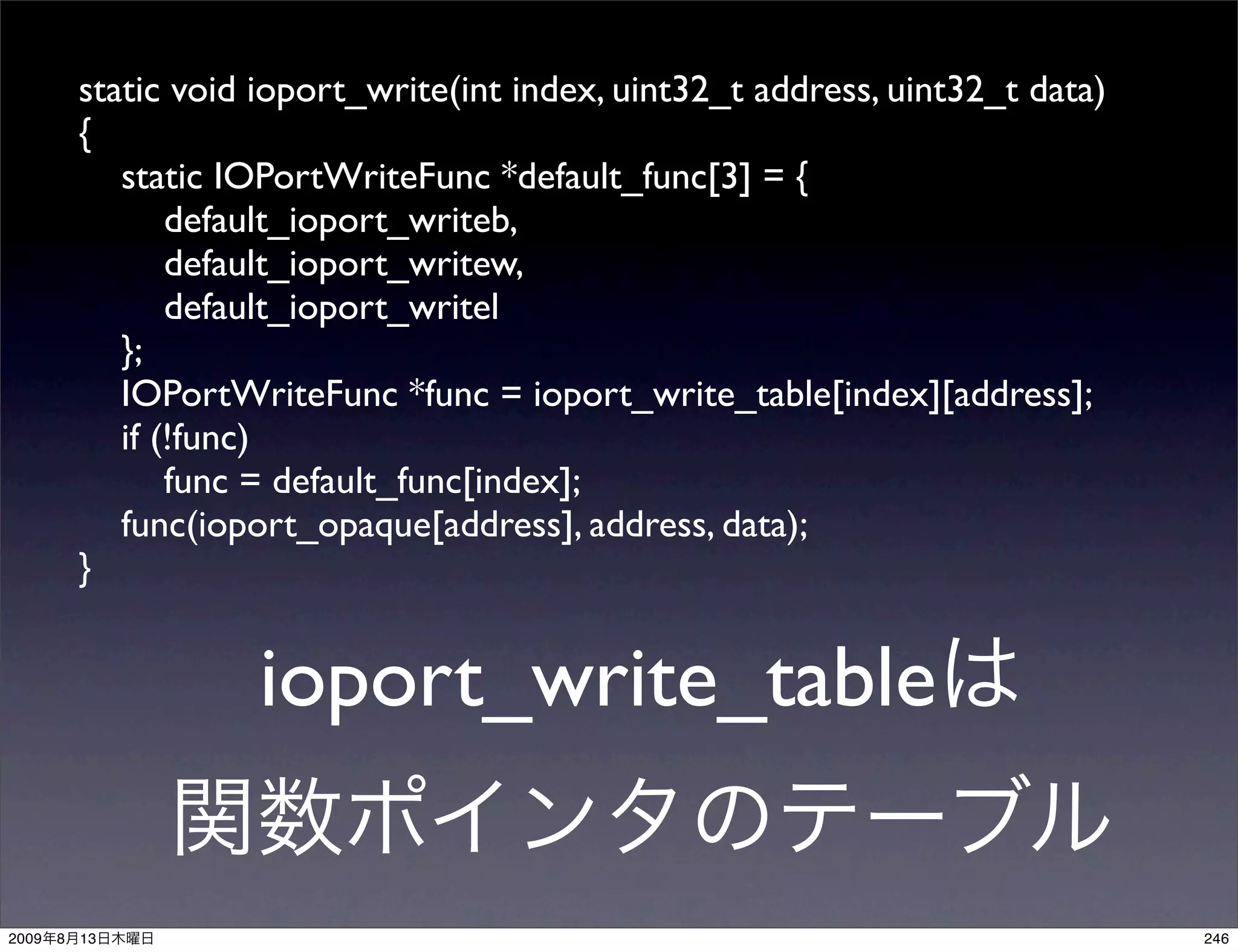 static void ioport_write(int index, uint32_t address, uint32_t data)
           {
              static IOPortWriteFunc *default_func[3] = {
                  default_ioport_writeb,
                  default_ioport_writew,
                  default_ioport_writel
              };
              IOPortWriteFunc *func = ioport_write_table[index][address];
              if (!func)
                  func = default_func[index];
              func(ioport_opaque[address], address, data);
           }


                      ioport_write_table

2009   8   13                                                                     246
 