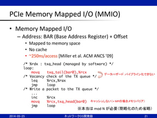 PCIe	
  Memory	
  Mapped	
  I/O	
  (MMIO)	
•  Memory	
  Mapped	
  I/O	
  
–  Address:	
  BAR	
  (Base	
  Address	
  Register)	
  +	
  Oﬀset	
  
•  Mapped	
  to	
  memory	
  space	
  
•  No	
  cache	
  
•  ~250ns/access	
  [Miller	
  et	
  al.	
  ACM	
  ANCS	
  ’09]	
  
21	
2014-05-25	
 ネットワークOS開発録	
/* %rdx : txq_head (managed by software) */	
loop:	
	movq 	txq_tail(bar0),%rcx	
/* Vacancy check of the TX queue */	
	leq	 	%rcx,%rax	
	jmp	 	loop	
/* Write a packet to the TX queue */	
	...	
	inc	 	%rcx	
	movq 	%rcx,txq_head(bar0)	
	jmp	 	loop	
※本当は	
  mod	
  N	
  が必要（簡略化のため省略）	
データハザード：パイプライン化できない	
  
キャッシュしない（+	
  MPの場合メモリバリア）	
  
 