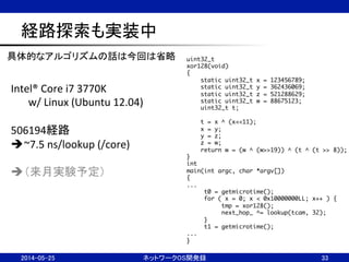 経路探索も実装中	
2014-05-25	
 ネットワークOS開発録	
 33	
Intel®	
  Core	
  i7	
  3770K	
  
	
  w/	
  Linux	
  (Ubuntu	
  12.04)	
  
	
  
506194経路	
  
è ~7.5	
  ns/lookup	
  (/core)	
  
è （来月実験予定）	
具体的なアルゴリズムの話は今回は省略	
 uint32_t	
xor128(void)	
{	
static uint32_t x = 123456789;	
static uint32_t y = 362436069;	
static uint32_t z = 521288629;	
static uint32_t w = 88675123;	
uint32_t t;	
	
t = x ^ (x<<11);	
x = y;	
y = z;	
z = w;	
return w = (w ^ (w>>19)) ^ (t ^ (t >> 8));	
}	
int	
main(int argc, char *argv[])	
{	
...	
	t0 = getmicrotime();	
	for ( x = 0; x < 0x10000000LL; x++ ) {	
	 	tmp = xor128();	
	next_hop_ ^= lookup(tcam, 32);	
	}	
	t1 = getmicrotime();	
...	
}	
 