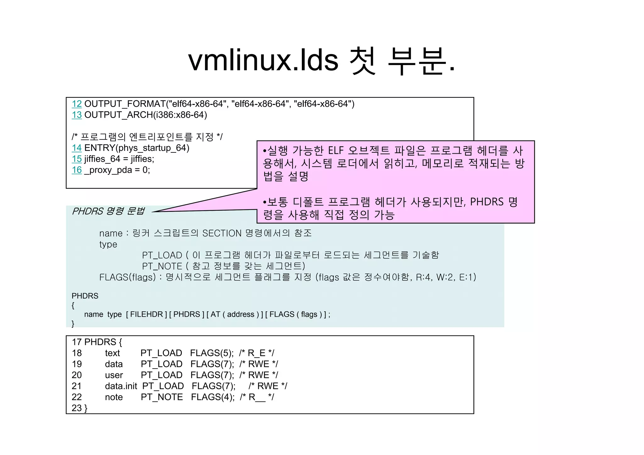 vmlinux.lds 첫 부분.
12 OUTPUT_FORMAT("elf64-x86-64", "elf64-x86-64", "elf64-x86-64")
13 OUTPUT_ARCH(i386:x86-64)
첫 부분
/* 프로그램의 엔트리포인트를 지정 */
14 ENTRY(phys_startup_64)
15 jiffies_64 = jiffies;
16 _proxy_pda = 0;
•실행 가능한 ELF 오브젝트 파일은 프로그램 헤더를 사
용해서, 시스템 로더에서 읽히고, 메모리로 적재되는 방
법을 설명
PHDRS 명령 문법
법을 설명
•보통 디폴트 프로그램 헤더가 사용되지만, PHDRS 명
령을 사용해 직접 정의 가능
name : 링커 스크립트의 SECTION 명령에서의 참조
type
PT_LOAD ( 이 프로그램 헤더가 파일로부터 로드되는 세그먼트를 기술함
PT_NOTE ( 참고 정보를 갖는 세그먼트)
FLAGS(flags) : 명시적으로 세그먼트 플래그를 지정 (flags 값은 정수여야함 R:4 W:2 E:1)FLAGS(flags) : 명시적으로 세그먼트 플래그를 지정 (flags 값은 정수여야함, R:4, W:2, E:1)
PHDRS
{
name type [ FILEHDR ] [ PHDRS ] [ AT ( address ) ] [ FLAGS ( flags ) ] ;
}
17 PHDRS {
18 text PT_LOAD FLAGS(5); /* R_E */
19 data PT_LOAD FLAGS(7); /* RWE */
20 user PT_LOAD FLAGS(7); /* RWE */
21 data.init PT_LOAD FLAGS(7); /* RWE */
22 note PT_NOTE FLAGS(4); /* R__ */
23 }
 