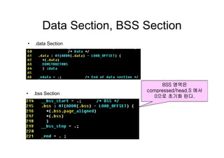 Data Section BSS SectionData Section, BSS Section
• data Section• .data Section
• .bss Section
BSS 영역은
compressed/head.S 에서
0으로 초기화 된다0으로 초기화 된다.
 