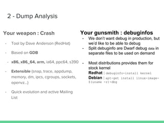 debuginfo-install
kernel
apt-get install linux-
image-$(uname -r)-dbg
 