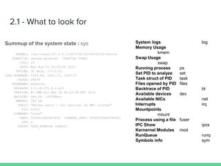 KERNEL: /var/crash/127.0.0.1-2015-08-20-20:00:00/vmcore
DUMPFILE: vmcore.myserver [PARTIAL DUMP]
CPUS: 24
DATE: Mon Aug 20 20:00:00 2015
UPTIME: 32 days, 17:12:02
LOAD AVERAGE: 1625.88, 1603.11, 1509.73
TASKS: 25639
NODENAME: myserver
RELEASE: 2.6.18-371.8.1.el5
VERSION: #1 SMB Fri Mar 28 05:53:58 EDT 2014
MACHINE: x86_64 (2933Mhz)
MEMORY: 284 GB
PANIC: “Kernel panic - not syncing: An NMI occured”
PID: 61015
COMMAND: "java"
TAKS: ffff8135b50e5830 [THREAD_INFO: ffff8104bd256000]
CPU: 0
STATE: TASK_RUNNING (PANIC)
 