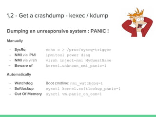 1.2 - Get a crashdump - kexec / kdump
Dumping an unresponsive system : PANIC !
Manually
- SysRq echo c > /proc/sysrq-trigger
- NMI via IPMI ipmitool power diag
- NMI via virsh virsh inject-nmi MyGuestName
- Beware of kernel.unknown_nmi_panic=1
Automatically
- Watchdog Boot cmdline: nmi_watchdog=1
- Softlockup sysctl kernel.softlockup_panic=1
- Out Of Memory sysctl vm.panic_on_oom=1
 