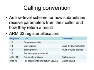 Calling convention
• An low-level scheme for how subroutines
receive parameters from their caller and
how they return a result
• ARM 32 register allocation:
Register Use Comment
r15 Program counter
r14 Link register Used by BL instruction
r13 Stack pointer Must 8 bytes aligned
r12 For Intra procedure call
r4 to r11: For local variables Callee saved
r0 to r3 For arguments and return values Caller saved
 