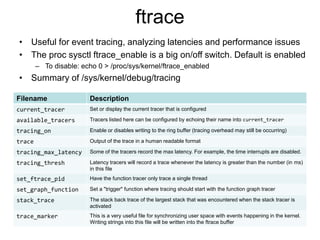 ftrace
• Useful for event tracing, analyzing latencies and performance issues
• The proc sysctl ftrace_enable is a big on/...