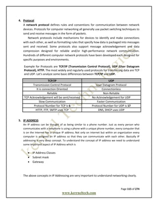 Page 115 of 274
www.kerrneltech.com
4. Protocol
A network protocol defines rules and conventions for communication between network
devices. Protocols for computer networking all generally use packet switching techniques to
send and receive messages in the form of packets.
Network protocols include mechanisms for devices to identify and make connections
with each other, as well as formatting rules that specify how data is packaged into messages
sent and received. Some protocols also support message acknowledgement and data
compression designed for reliable and/or high-performance network communication.
Hundreds of different computer network protocols have been developed each designed for
specific purposes and environments.
Example for Protocols are TCP/IP (Transmission Control Protocol), UDP (User Datagram
Protocol), HTTP. The most widely and regularly used protocols for transferring data are TCP
and UDP. Let’s analyze some basic differences between TCP/IP and UDP.
TCP/IP UDP
Transmission Control Protocol User Datagram Protocol
It is connection Oriented Connectionless
Reliable Non-Reliable
TCP Acknowledgement will be sent/received No Acknowledgement for UDP
Slow Communication Faster Communication
Protocol Number for TCP is 6 Protocol Number for UDP is 17
HTTP, FTP, SMTP uses TCP DNS, DHCP uses UDP
5. IP ADDRESS
An IP address can be thought of as being similar to a phone number. Just as every person who
communicates with a telephone is using a phone with a unique phone number, every computer that
is on the Internet has a unique IP address. Not only on internet but within an organization every
computer is assigned an IP address so that they can communicate with each other. Basically IP
addressing is very deep concept. To understand the concept of IP address we need to understand
some important aspect of IP Address which is
 IP Address Classes
 Subnet mask
 Gateway
The above concepts in IP Addressing are very important to understand networking clearly.
 