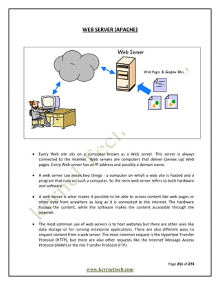 Page 251 of 274
www.kerrneltech.com
WEB SERVER (APACHE)
 Every Web site sits on a computer known as a Web server. This server is always
connected to the internet. Web servers are computers that deliver (serves up) Web
pages. Every Web server has an IP address and possibly a domain name.
 A web server can mean two things - a computer on which a web site is hosted and a
program that runs on such a computer. So the term web server refers to both hardware
and software.
 A web server is what makes it possible to be able to access content like web pages or
other data from anywhere as long as it is connected to the internet. The hardware
houses the content, while the software makes the content accessible through the
internet.
 The most common use of web servers is to host websites but there are other uses like
data storage or for running enterprise applications. There are also different ways to
request content from a web server. The most common request is the Hypertext Transfer
Protocol (HTTP), but there are also other requests like the Internet Message Access
Protocol (IMAP) or the File Transfer Protocol (FTP).
 