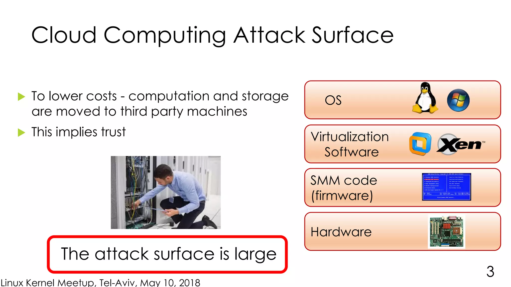 Linux Kernel Meetup, Tel-Aviv, May 10, 2018
Cloud Computing Attack Surface
 To lower costs - computation and storage
are moved to third party machines
 This implies trust
Cloud provider
employees
3
OS
Virtualization
Software
SMM code
(firmware)
Hardware
The attack surface is large
 