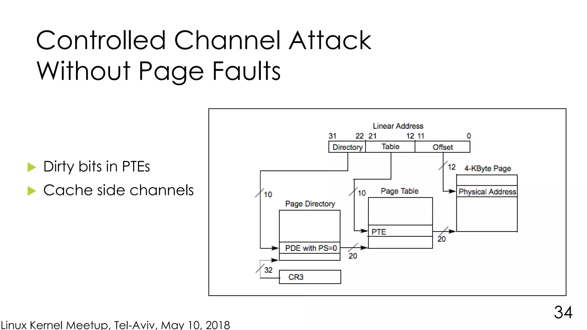 Linux Kernel Meetup, Tel-Aviv, May 10, 2018
Controlled Channel Attack
Without Page Faults
 Dirty bits in PTEs
 Cache side channels
34
 