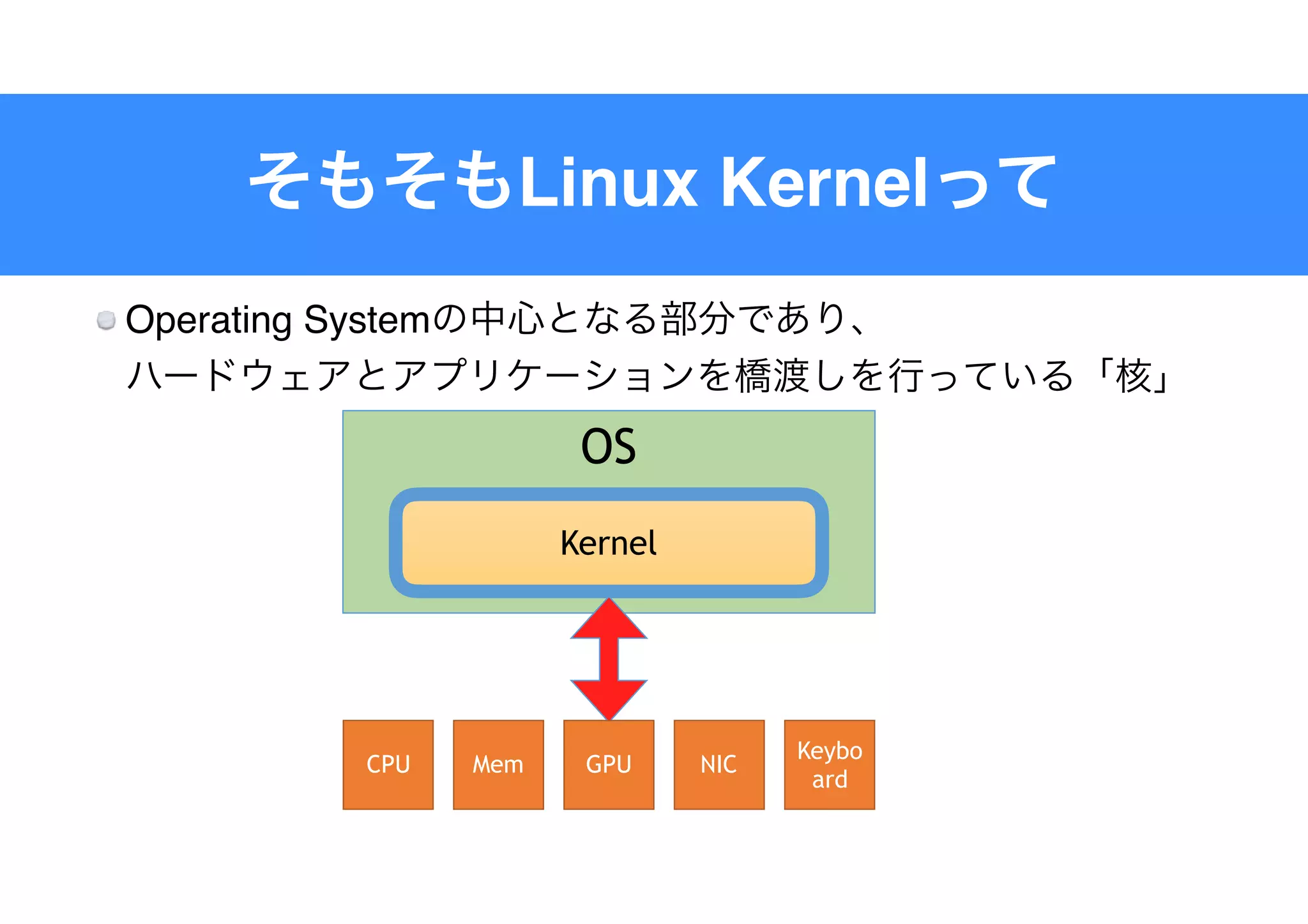 Linux Kernel
Operating System  
OS
Kernel
CPU Mem GPU NIC
Keybo
ard
 
