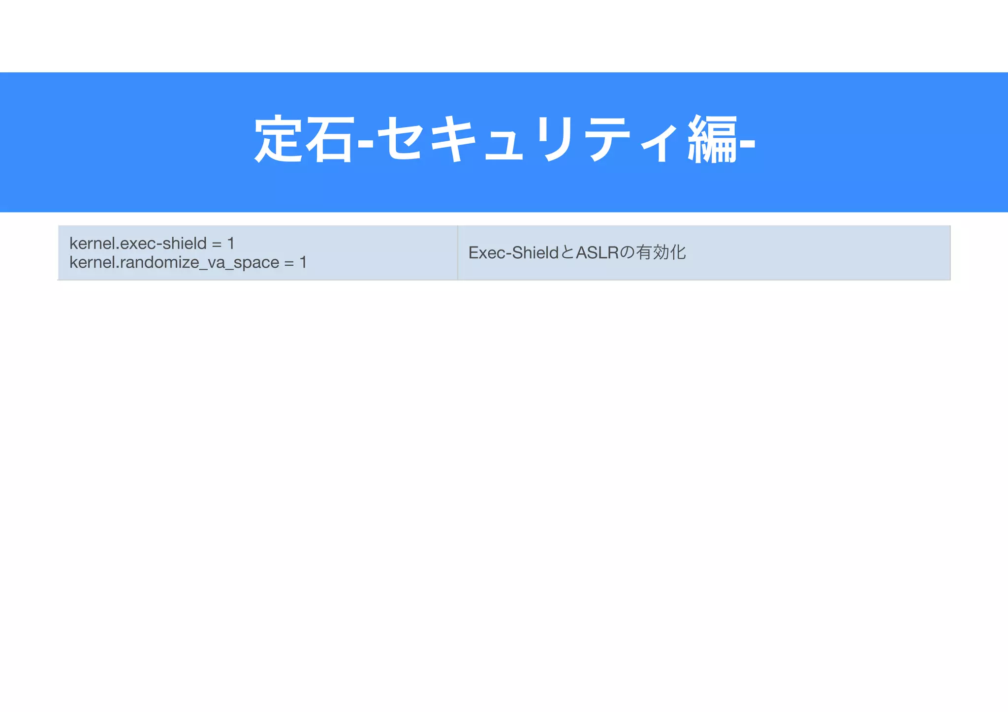 - -
kernel.exec-shield = 1

kernel.randomize_va_space = 1
Exec-Shield ASLR
 