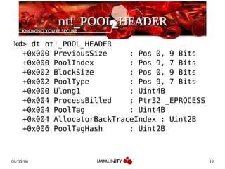 nt!_POOL_HEADER kd> dt nt!_POOL_HEADER +0x000 PreviousSize  : Pos 0, 9 Bits +0x000 PoolIndex  : Pos 9, 7 Bits +0x002 BlockSize  : Pos 0, 9 Bits +0x002 PoolType  : Pos 9, 7 Bits +0x000 Ulong1  : Uint4B +0x004 ProcessBilled  : Ptr32 _EPROCESS +0x004 PoolTag  : Uint4B +0x004 AllocatorBackTraceIndex : Uint2B +0x006 PoolTagHash  : Uint2B 