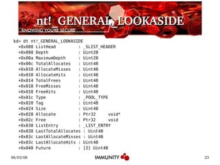 nt!_GENERAL_LOOKASIDE kd> dt nt!_GENERAL_LOOKASIDE +0x000 ListHead  : _SLIST_HEADER +0x008 Depth  : Uint2B +0x00a MaximumDepth  : Uint2B +0x00c TotalAllocates  : Uint4B +0x010 AllocateMisses  : Uint4B +0x010 AllocateHits  : Uint4B +0x014 TotalFrees  : Uint4B +0x018 FreeMisses  : Uint4B +0x018 FreeHits  : Uint4B +0x01c Type  : _POOL_TYPE +0x020 Tag  : Uint4B +0x024 Size  : Uint4B +0x028 Allocate  : Ptr32  void* +0x02c Free  : Ptr32  void +0x030 ListEntry  : _LIST_ENTRY +0x038 LastTotalAllocates : Uint4B +0x03c LastAllocateMisses : Uint4B +0x03c LastAllocateHits : Uint4B +0x040 Future  : [2] Uint4B 