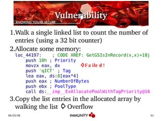 Vulnerability Walk a single linked list to count the number of entries (using a 32 bit counter) Allocate some memory: loc_44197:  ; CODE XREF: GetGSIsInRecord(x,x)+18j   push  10h  ; Priority   movzx eax, dx   push  'qICT'  ; Tag   lea eax, ds: 8 [eax*4]   push eax  ; NumberOfBytes   push ebx  ; PoolType   call ds: __imp__ExAllocatePoolWithTagPriority@16  Copy the list entries in the allocated array by walking the list  ⇨ Overflow ⇦ Failed! 