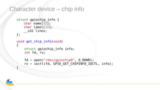 Character device – chip info
struct gpiochip_info {
char name[32];
char label[32];
__u32 lines;
};
void get_chip_info(void)
{
struct gpiochip_info info;
int fd, rv;
fd = open("/dev/gpiochip0", O_RDWR);
rv = ioctl(fd, GPIO_GET_CHIPINFO_IOCTL, info);
}
 