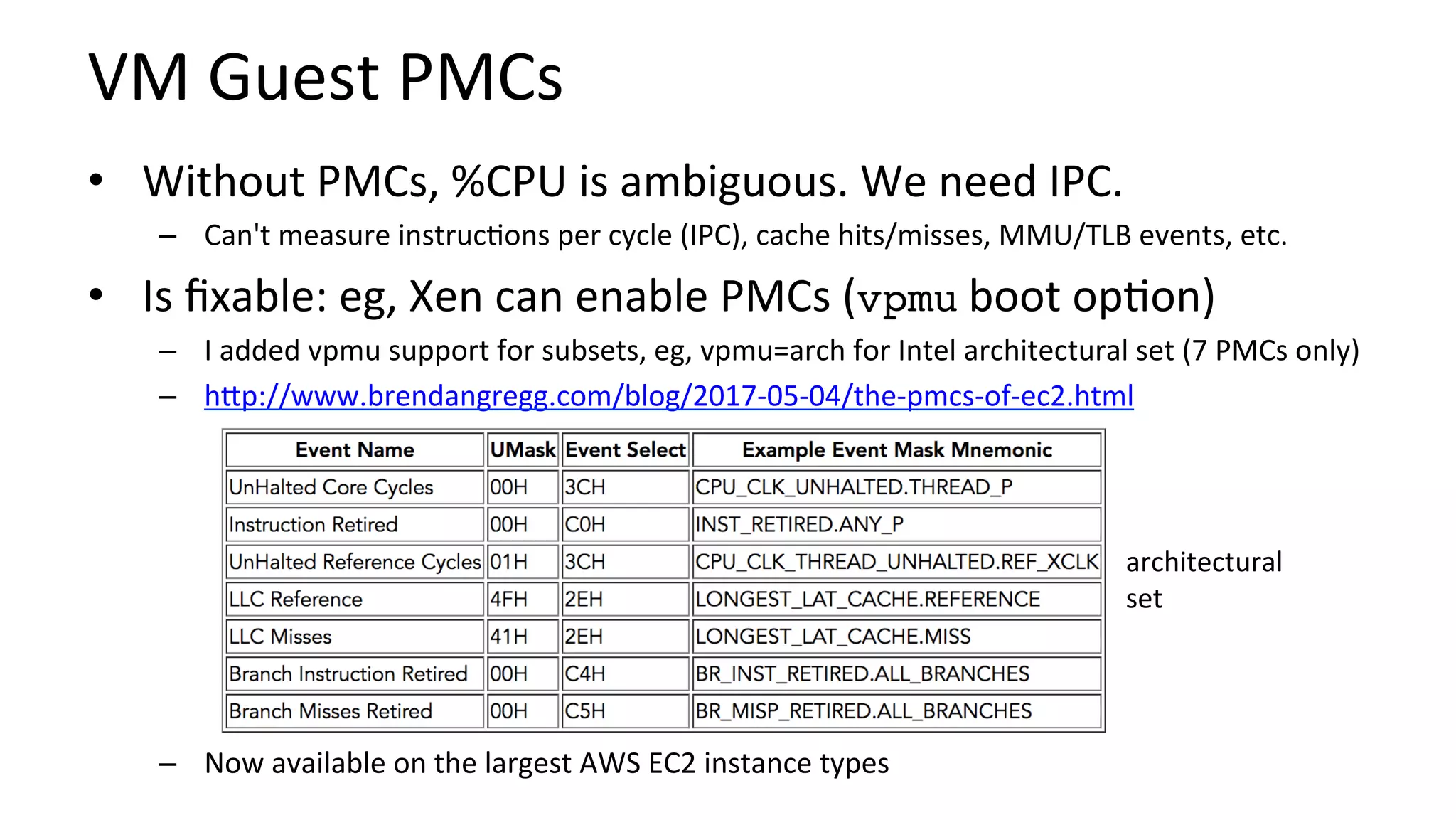 VM	Guest	PMCs	
•  Without	PMCs,	%CPU	is	ambiguous.	We	need	IPC.	
–  Can't	measure	instruc/ons	per	cycle	(IPC),	cache	hits/misses,	MMU/TLB	events,	etc.	
•  Is	ﬁxable:	eg,	Xen	can	enable	PMCs	(vpmu	boot	op/on)	
–  I	added	vpmu	support	for	subsets,	eg,	vpmu=arch	for	Intel	architectural	set	(7	PMCs	only)	
–  hUp://www.brendangregg.com/blog/2017-05-04/the-pmcs-of-ec2.html		
–  Now	available	on	the	largest	AWS	EC2	instance	types	
architectural	
set	
 