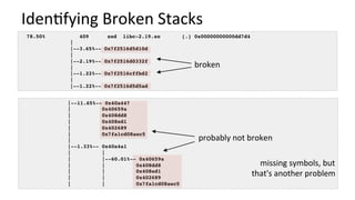 Iden/fying	Broken	Stacks	
|--11.65%-- 0x40a447
| 0x40659a
| 0x408dd8
| 0x408ed1
| 0x402689
| 0x7fa1cd08aec5
|
|--1.33%-- 0x40a4a1
| |
| |--60.01%-- 0x40659a
| | 0x408dd8
| | 0x408ed1
| | 0x402689
| | 0x7fa1cd08aec5
78.50% 409 sed libc-2.19.so [.] 0x00000000000dd7d4
|
|--3.65%-- 0x7f2516d5d10d
|
|--2.19%-- 0x7f2516d0332f
|
|--1.22%-- 0x7f2516cffbd2
|
|--1.22%-- 0x7f2516d5d5ad
broken	
probably	not	broken	
missing	symbols,	but	
that's	another	problem	
 