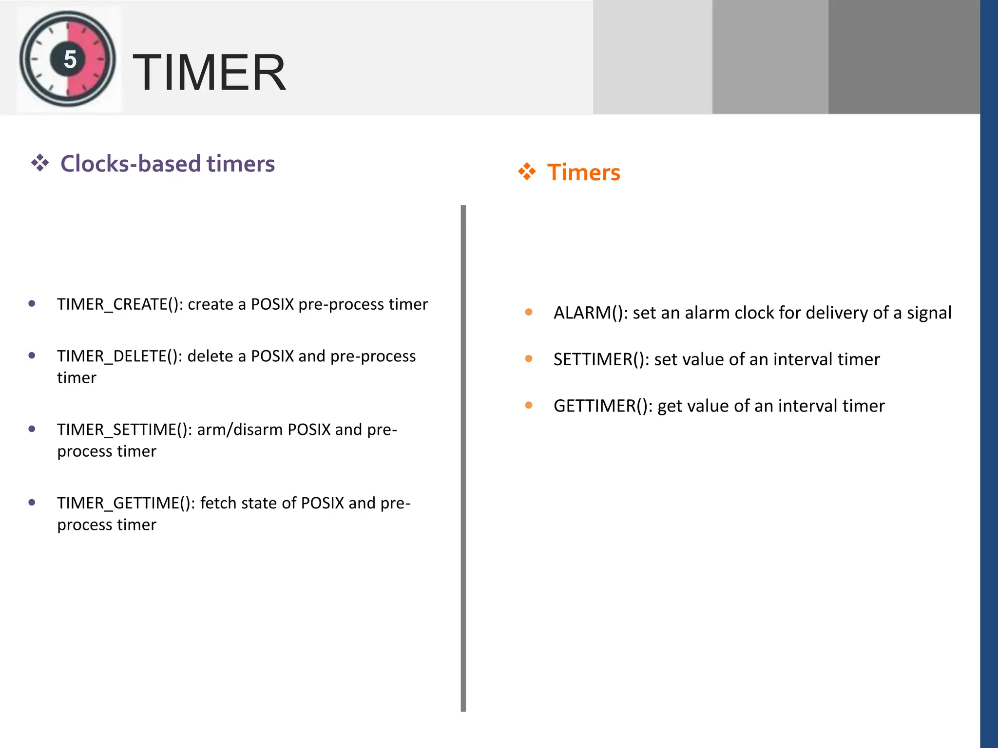 1
2
5
TIMER
 Clocks-based timers  Timers
 ALARM(): set an alarm clock for delivery of a signal
 SETTIMER(): set value of an interval timer
 GETTIMER(): get value of an interval timer
 TIMER_CREATE(): create a POSIX pre-process timer
 TIMER_DELETE(): delete a POSIX and pre-process
timer
 TIMER_SETTIME(): arm/disarm POSIX and pre-
process timer
 TIMER_GETTIME(): fetch state of POSIX and pre-
process timer
 