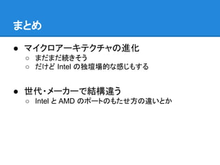 まとめ
● マイクロアーキテクチャの進化
○ まだまだ続きそう
○ だけど Intel の独壇場的な感じもする
● 世代・メーカーで結構違う
○ Intel と AMD のポートのもたせ方の違いとか
 