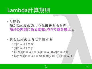 Lambda計算規則 
• β-簡約 
項がλ푥. 푀 푁のような形をとるとき、 
項푀の内部にある変数푥を푁で置き換える 
• 代入は次のように定義する 
• 푥 푥 ≔ 푁 ≡ 푁 
• 푦 푥 ≔ 푁 ≡ 푦 
• 퐿 푀 푥 ≔ 푁 ≡ 퐿 푥 ≔ 푁 푀 푥 ≔ 푁 
• λ푦. 푀 푥 ≔ 푁 ≡ λ푧. ( 푀 푦 ≔ 푧 푥 ≔ 푁 ) 
λ 33 
 