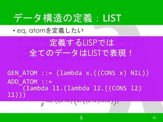 データ構造の定義：LIST 
• eq, atomを定義したい 
• が、(M N)が定デ義ータす構る造LISPだとかでなは 
り扱いにくい 
• CONSの定義を右側結合でそのまま使う！ 
全てのデータはLISTで表現！ 
• ただし、必ず末尾にNIL::=FALSEを含む 
GEN_ATOM ::= (lambda x.((CONS x) NIL)) 
ADD_ATOM ::= 
• < 푀 > ≡ (퐶푂푁푆 푀 푁퐼퐿) = λ푧. ( 푧 푀 푁퐼퐿) 
• < 푀, 푁 > ≡ (퐶푂푁푆 푀 < 푁 >) 
(lambda l1.(lambda l2.((CONS l2) 
훽 
퐶푂푁푆 푀 (λ푧. ( 푧 푁 푁퐼퐿) 
훽 
λ푧. ( 푧 푀 푧. 푧 푁 푁퐼퐿 ) 
λ 62 
l1))) 
 