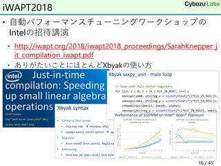 • 自動パフォーマンスチューニングワークショップの
Intelの招待講演
• http://iwapt.org/2018/iwapt2018_proceedings/SarahKnepper_j
it_compilation_iwapt.pdf
• ありがたいことにほとんどXbyakの使い方
iWAPT2018
16 / 45
 