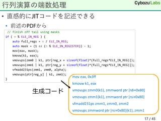 • 直感的にJITコードを記述できる
• 前述のPDFから
行列演算の端数処理
生成コード
17 / 45
 