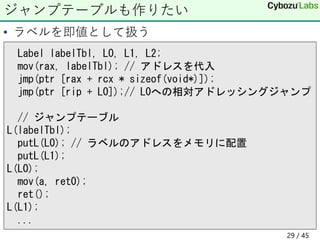 • ラベルを即値として扱う
ジャンプテーブルも作りたい
Label labelTbl, L0, L1, L2;
mov(rax, labelTbl); // アドレスを代入
jmp(ptr [rax + rcx * sizeof(void*)]);
jmp(ptr [rip + L0]);// L0への相対アドレッシングジャンプ
// ジャンプテーブル
L(labelTbl);
putL(L0); // ラベルのアドレスをメモリに配置
putL(L1);
L(L0);
mov(a, ret0);
ret();
L(L1);
...
29 / 45
 
