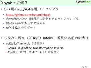 • C++用のx86/x64専用JITアセンブラ
• https://github.com/herumi/xbyak
• 自分が使いたい（暗号用に開発を始めた）アセンブラ
• 開発を初めてもうすぐ12年目
• AVX-512フルサポート
• ちなみに現在（2018/9）Intelの一番長い名前の命令は
• vgf2p8affineinvqb（17文字）
• Galois Field Affine Transformation Inverse
• 𝐹28の元𝑥に対して𝐴𝑥−1 + 𝐵を計算する
Xbyakって何？
3 / 45
 