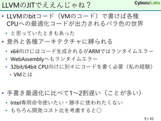• LLVMのbitコード（VMのコード）で書けば各種
CPUへの最適化コードが出力されるバラ色の世界
• と思っていたときもあった
• 意外と各種アーキテクチャに縛られる
• x64向けにはコード生成されるがARMではランタイムエラー
• WebAssemblyへもランタイムエラー
• 32bit/64bit CPU向けに別々にコードを書く必要（私の経験）
• VMとは
• 手書き最適化に比べて1～2割遅い（ことが多い）
• Intel専用命令使いたい・勝手に使われたくない
• もちろん開発コスト比を考慮すると○
LLVMのJITでええんじゃね？
9 / 45
 
