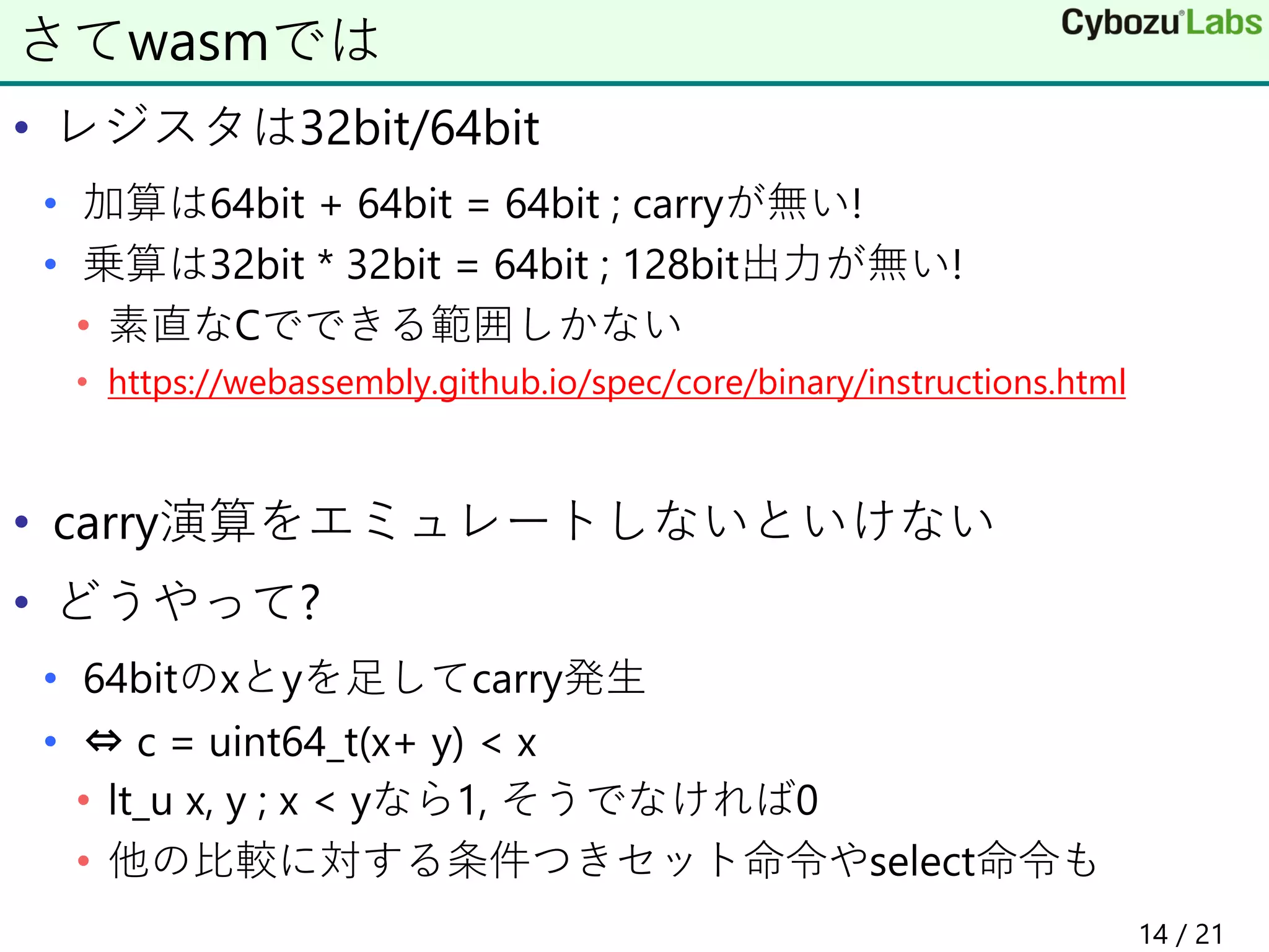 • レジスタは32bit/64bit
• 加算は64bit + 64bit = 64bit ; carryが無い!
• 乗算は32bit * 32bit = 64bit ; 128bit出力が無い!
• 素直なCでできる範囲しかない
• https://webassembly.github.io/spec/core/binary/instructions.html
• carry演算をエミュレートしないといけない
• どうやって?
• 64bitのxとyを足してcarry発生
• ⇔ c = uint64_t(x+ y) < x
• lt_u x, y ; x < yなら1, そうでなければ0
• 他の比較に対する条件つきセット命令やselect命令も
さてwasmでは
14 / 21
 