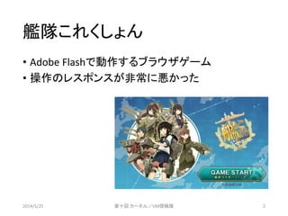 艦隊これくしょん
&bull; Adobe Flashで動作するブラウザゲーム
&bull; 操作のレスポンスが非常に悪かった
2014/5/25 第十回 カーネル／VM探検隊 2
 
