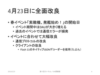 4月23日に全面改良
&bull; 春イベント「索敵機、発艦始め！」の開始日
&bull; イベント期間中はDAUが大きく増える
&bull; 過去のイベントでは通信エラーが頻発
&bull; イベントに合わせて大幅改良
&bull; 通信プロトコルの改良
&bull; クライアントの改良
&bull; Flash 11のネイティブJSONデコーダーを使用（たぶん）
2014/5/25 第十回 カーネル／VM探検隊 4
 