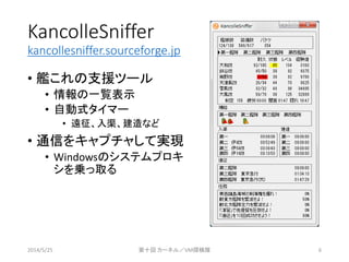 KancolleSniffer
kancollesniffer.sourceforge.jp
&bull; 艦これの支援ツール
&bull; 情報の一覧表示
&bull; 自動式タイマー
&bull; 遠征、入渠、建造など
&bull; 通信をキャプチャして実現
&bull; Windowsのシステムプロキ
シを乗っ取る
2014/5/25 第十回 カーネル／VM探検隊 6
 