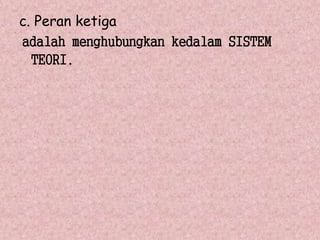 c. Peran ketiga 
adalah menghubungkan kedalam SISTEM 
TEORI. 
 